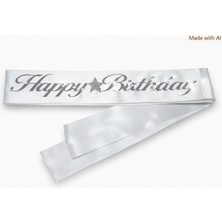 Party Express Kumaş Kuşak Happy Birthday Beyaz - Gümüş