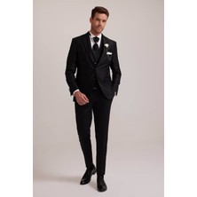 Erkek Siyah Pileli Slim Fit Kırlangıç Yaka Yelekli Damatlık