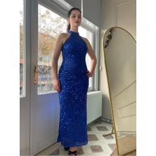 Seri Payetli Halter Yaka Astarlı Uzun Abiye Elbise