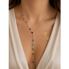 Ry Collections 11 Farklı Renklerde Kesim Taş Detaylarına Sahip Altın Renkli Zarif Y Model Taşlı Çelik Kolye