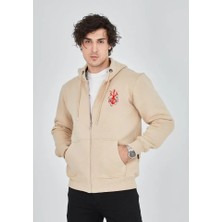 Modi Unisex Baskılı Tam Fermuarlı Kapşonlu Sweatshirt - Bej