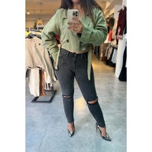 Modabella Yüksek Bel Yırtık Detaylı Antrasit Skinny Jean