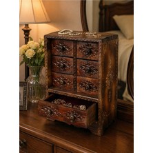 Meandme Ahşap El Oyması 7 Çekmeceli Takı Kutusu Otantik Mücevher Sandığı Mini Şifonyer Organizer