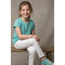 Kiagu Turkuaz Kısa Kol Basic T-Shirt- Terletmeyen Esnek Kumaş Pamuklu Mevsimlik Turkuaz Kısakol Kız Çocuk Tsort