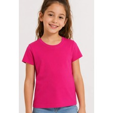Kiagu Fuşya Kısa Kol Basic T-Shirt- Terletmeyen Esnek Kumaş Pamuklu Mevsimlik Fujya Kısakol Kız Çocuk Tsort