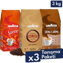 Lavazza Qualita Oro, Suerte, Crema E Aroma Espresso Çekirdek Kahve 3'lü Tanışma Paketi | 1 kg x 3 Paket