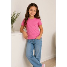 Kiagu Pembe Kısa Kol Basic T-Shirt- Terletmeyen Esnek Kumaş Pamuklu Mevsimlik Pembe Kısakol Kız Çocuk Tsort