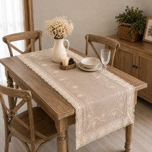 Ödel Buldan Buldan Keteni Çiçek Nakışlı Runner, Konsol, Sehpa Örtüsü-Sütlü Kahve