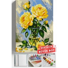 Corvo Sayılarla Boyama Hobi Seti Çerçeveli Numaralı Tuval Fırça Boya Dahil 50X70 (Büyük Boy) cm - Vazoda Sarı Güller