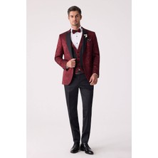 Erkek Bordo Kırlangıç Yaka Yelekli Slim Fit Desenli Damatlık