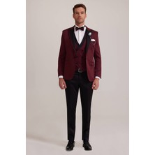 Erkek Bordo Kırlangıç Yaka Yelekli Slim Fit Desenli Damatlık