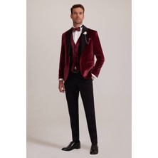 Erkek Bordo Şal Yaka Yelekli Slim Fit Damatlık