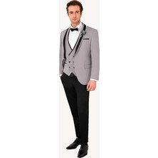 Erkek Gri Slim Fit Yelekli Şal Yaka Damatlık