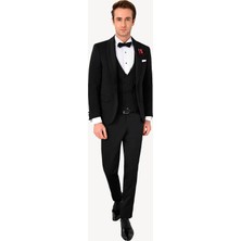 Erkek Siyah Slim Fit Şal Yaka Yelekli Damatlık