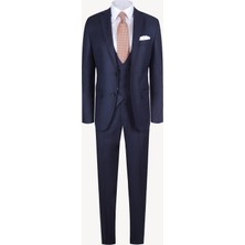 Erkek Lacivert Slim Fit Yelekli Kareli Takım Elbise