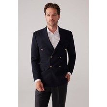 Ysf Erkek Koyu Lacivert Slim Fit Yün Puntolu Kruvaze Blazer Ceket