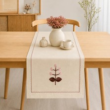 Ödel Buldan Buldan Keteni Çiçek Nakışlı Runner, Konsol, Sehpa Örtüsü-Naturel&Pudra