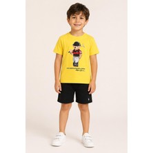 Erkek Çocuk Sarı Polo Bear Baskılı Bisiklet Yaka Tişört Siyah Şort Ikili Takım