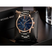 Michael West ⌚ Mıchael West Erkek Kol Saati – Lacivert Kadran, Rose Gold Kasa, Siyah Çelik Kordon, Kronograf Tasarım
