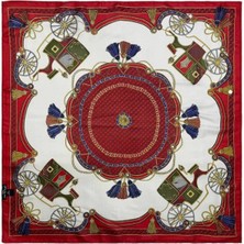 Bymiel Kadın 90X90 cm Kırmızı Ekru Fayton Zincir ve Püskül Desenli Saten Fular