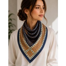 Bymiel Kadın 70X70 cm Lacivert Taba Geometrik Desenli Saten Fular