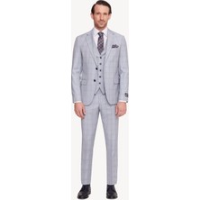 Erkek Gri Mavi Slim Fit Mono Yaka Yelekli Takım Elbise