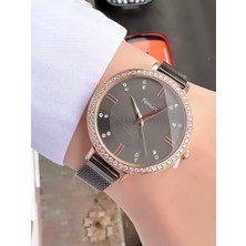Ferrucci Kadın Siyah Hasır Metal Kordon Rose Gold Taşlı Kol Saati 2 Yıl Garantili