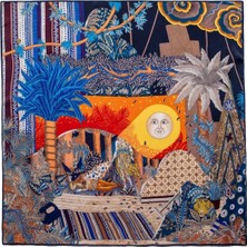 Bymiel Kadın 70X70 cm Lacivert Turuncu Tropikal Safari Desenli Saten Fular