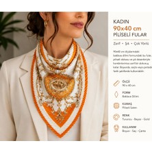 Bymiel Kadın 90X40 cm Turuncu Beyaz Gold Barok Desenli Piliseli Fular