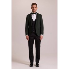 Erkek Yeşil Slim Fit Şal Yaka Yelekli Damatlık