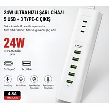 Koch Tech 24W Çoklu USB Şarj Istasyonu 8 Port 5 Usb-A + 3 Type-C Hızlı Şarj Adaptörü Akıllı Güvenli Şarj Cihazı Telefon Tablet Powerbank Akıllı Saat Kulaklık ve Diğer Elektronik Cihazlar Için