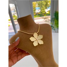 Bade Jewelry Fd Vip Gold Inci Detaylı 5 Yapraklı Çiçek Tasarım Kararmaz Çelik Kolye 40+5 cm