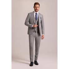 Ysf Erkek Gri Krem Slim Fit Sivri Yaka Yelekli Yün Kareli Takım Elbise