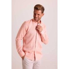 Ysf Erkek Turuncu Yaka Düğmeli Slim Fit Keten Gömlek