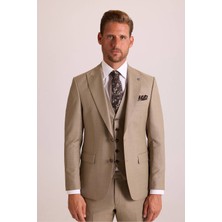 Ysf Erkek Bej Slim Fit Sivri Yaka Yelekli Takım Elbise
