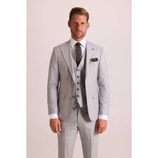 Ysf Erkek Gri Slim Fit Sivri Yaka Yelekli Takım Elbise