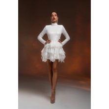 Gira Official Beyaz Dantel Boğazlı Mini Elbise