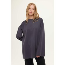 Manuka Kadın Geniş Kol Oversize Antrasit TShirt Uzun Kol Bisiklet Yaka Pamuklu Kumaş
