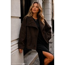 Kadın Koyu Kahve Kadifemsi Dokulu Geniş Kesim Oversize CEKET-0050840367