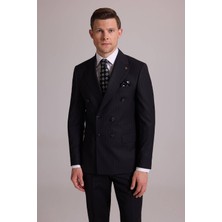 Ysf Erkek Siyah Slim Fit Çizgili Kruvaze Yün Takım Elbise