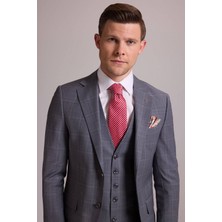 Ysf Erkek Gri Slim Fit Kareli Yelekli Yün Mono Yaka Takım Elbise