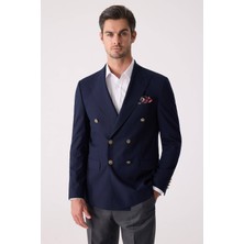 Ysf Erkek Lacivert Slim Fit Yün Puntolu Kruvaze Blazer Ceket