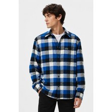 Lacoste Men's Loose Fit Button-Down Linen Shirt  Rahat Kesim Pamuklu Kareli Erkek Gömlek Mavi