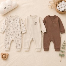Bulut Anne ve Çocuk 3'lü Erkek Bebek Tulum Kahve Krem %100 Pamuklu Kumaş Kışlık Gizli Fermuarlı Safari Temalı 3-6/6-9/9-12 Ay