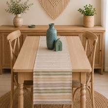 Ödel Buldan Jakarlı Çizgili Buldan Keteni Runner, Konsol, Sehpa Örtüsü-Yeşil&Sütlü Kahve