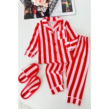 Miniğimin Cicileri Çizgi Desenli Terlikli Kız Çocuk Pijama Takımı - Kırmızı