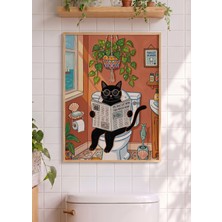 Pena Tablo Komik Banyo Tablosu -  Ahşap Çerçeveli Klozette Gazeteli Kedi Duvar Dekoru - Kedili Tablo