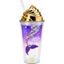 Pixxi Denizkızı Desenli Işıklı Suluk – Altın Renk Kapaklı Mor Tumbler