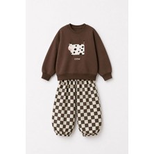 Miniğimin Cicileri Cow Baskılı Damalı Unisex Çocuk Oversize Takım - Kahverengi