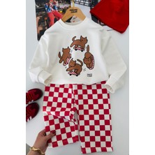 Miniğimin Cicileri Sevimli Kedicik Baskılı Dama Desenli Unisex Çocuk 2 Li Takım - Kırmızı